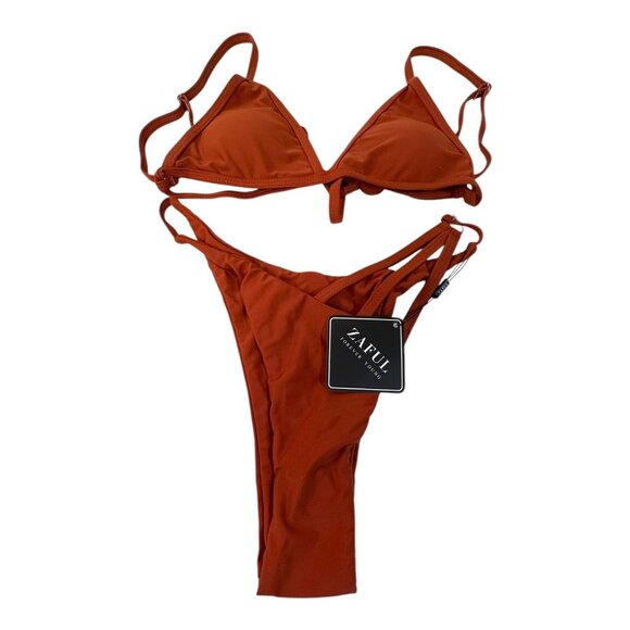 Zaful Womens Rust Orange Bikini Set Size 6 US Triangle Top & Strappy Bottoms NEW - Picture 1 of 4